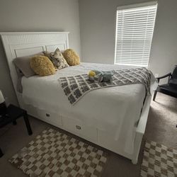 Queen size bed frame with six drawers, including mattress