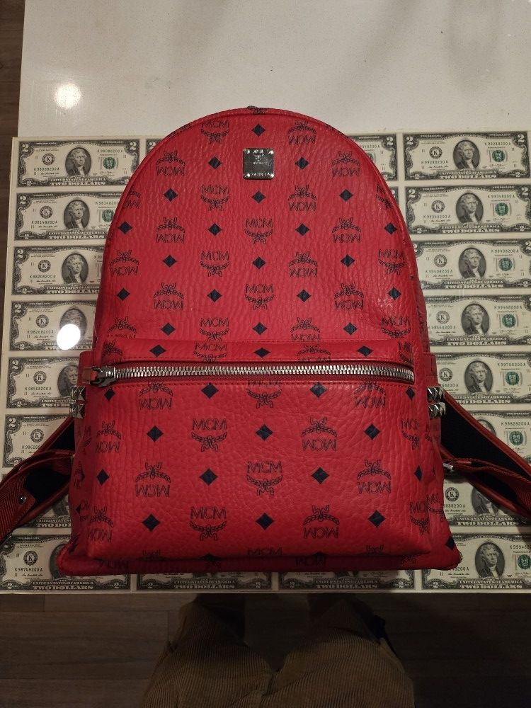 MCM Medium Candy Red & Silver Backpack