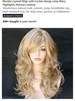 Blonde Layered Wigs with Curtain Bangs Long Wavy Highlights Natural Looking Voluminous natural look, realistic scalp, breathable cap, heat-resistant h