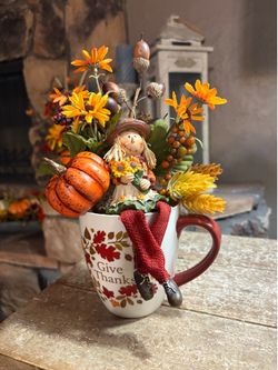 Give thanks coffee cup arrangement with scarecrow HANDMADE ARTIFICIAL