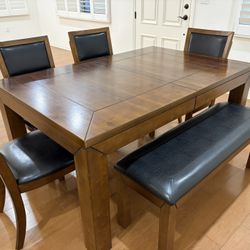 Solid Wood Dining Table Set (Expandable) with Black Faux Leather Seats