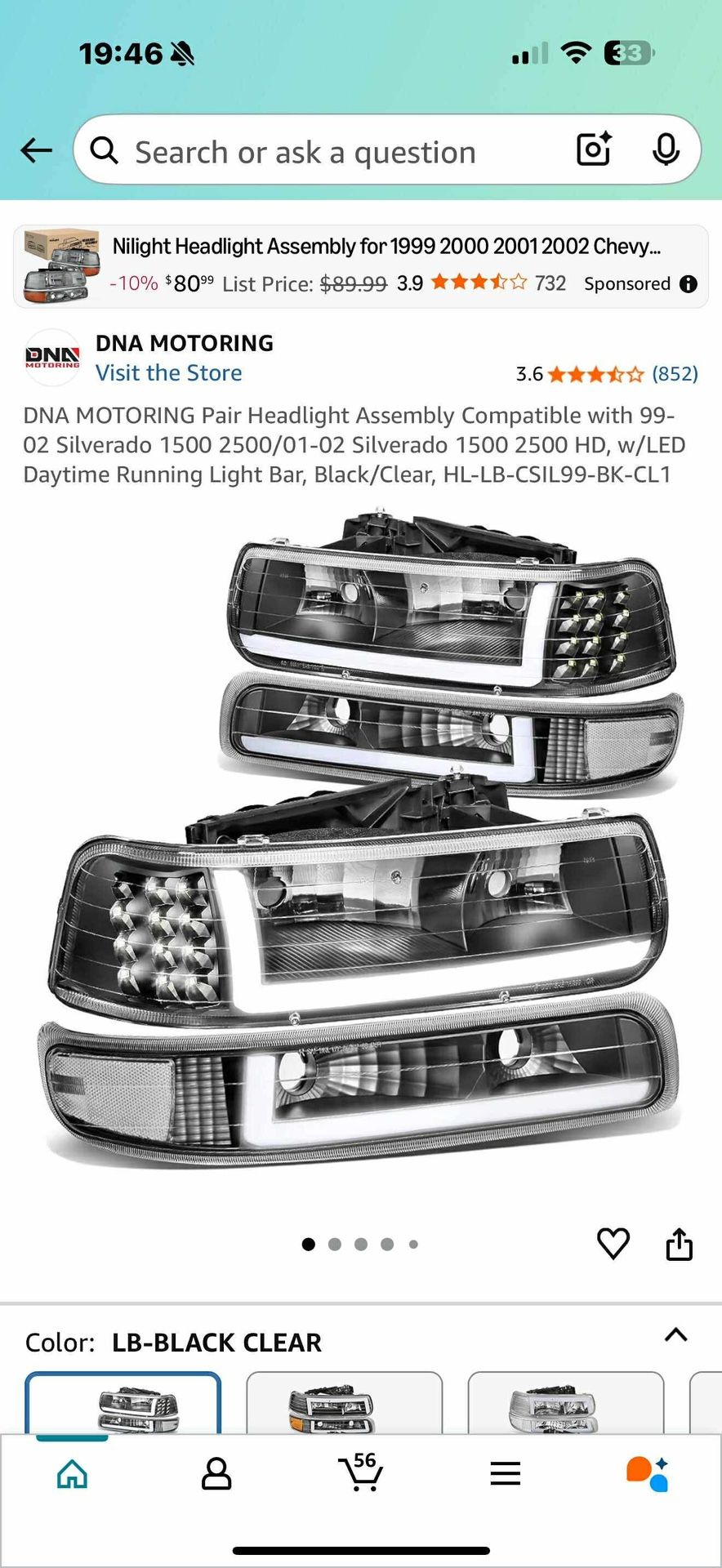 New In Box Pair Headlight Assembly Compatible with 99-02 Silverado 1/01-02 Silverado 1 HD, w/LED Daytime Running Light Bar, Black/Clea