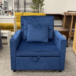 3-in-1 Convertible Sleeper Sofa Chair💙 Pull Out Folding Bed Chair with Adjustable Backrest Soft Velvet Fabric Upholstery, Ideal for Apartments, Gue