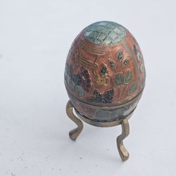 Enameled Cloisonne Brass Egg Trinket Box with brass stand