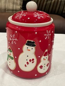 2011 Hallmark red and white ceramic snowman christmas cookie jar.