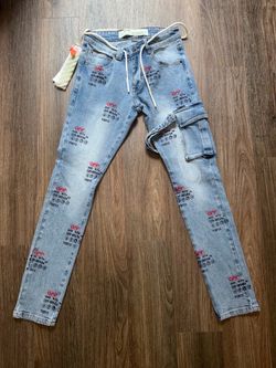 Off-White Inspired Cargo Jeans w/ Industrial Belt Light Wash