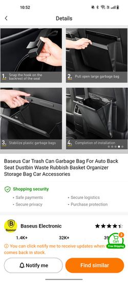 Baseus Rear Car Seat Large Tidy Storage Bag & Waste Bin -Black Leather