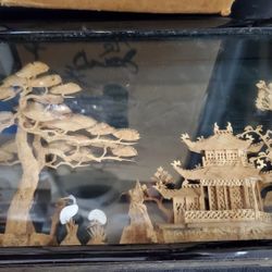 Vtg Cork Art Asian In Lacquer Frame Stand 12 Inches Wide