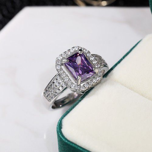 "Radiant Cut Pure Purple CZ Beautiful Silver Luxury Wedding Ring, K840
 
 