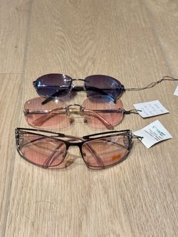 Set Of 3 Y2K Rimless Rectangle Sunglasses - Pink And Black