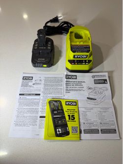 Ryobi ONE+ 18V Battery and Charger Kit with manuals.