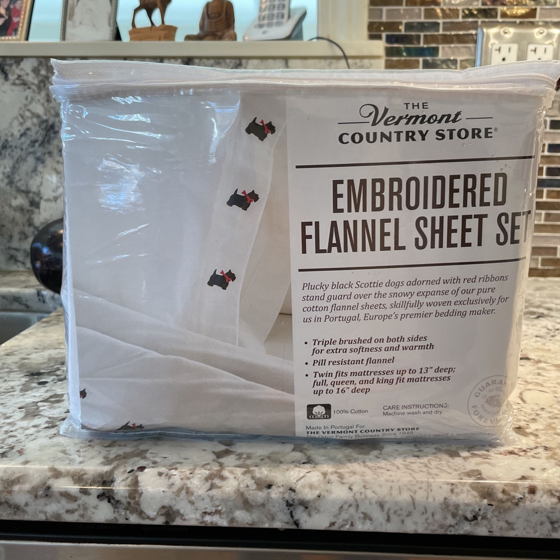 Brand new king embroidered flannel sheets from the Vermont store never been used