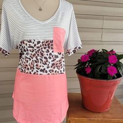 Ladies Plus Size Pink Leopard Stripe Shirt 