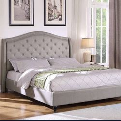 Grey King Size Bed - Curved Linen Tufted Headboard w/ Silver Nail Head Trim 