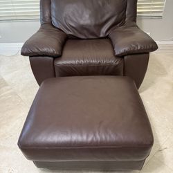 Genuine Leather Sofa And Chair W/ Ottoman Set (Brown)