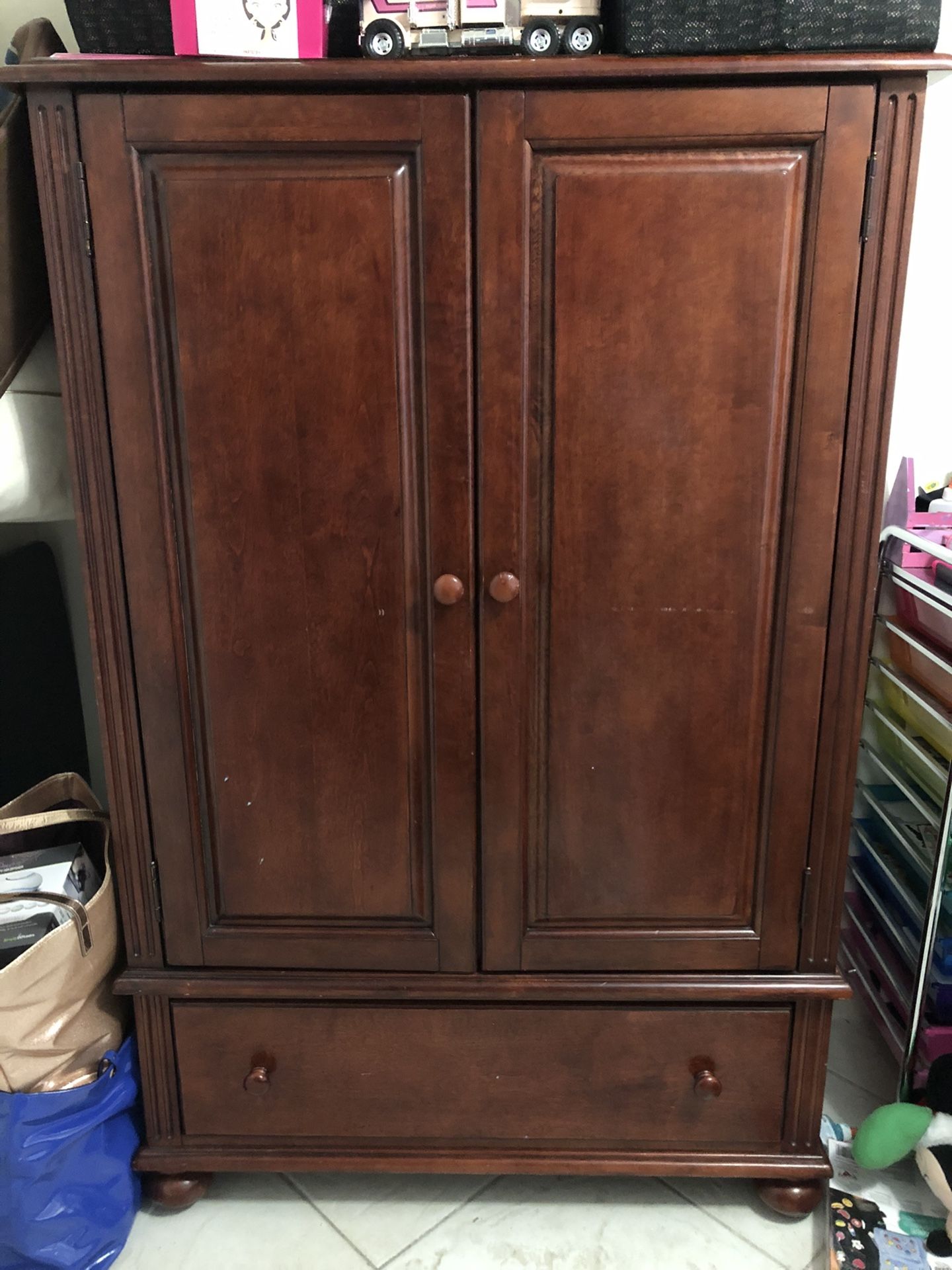 Cherry Wood Armoire- solid wood with shelves and hanging bar inside