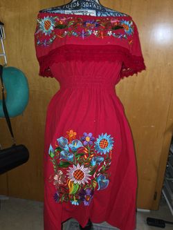 Artisanal Mexican Floral Embroidered Off-the-Shoulder / Strapless Dress in red