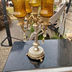 Vintage Silver Plated Candelabra w Amber Glass- Votives & Crystal Marble Ped