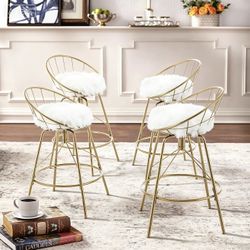 268 Andeworld Swivel Bar Stools with Backs Gold Metal Counter Bar Chairs Set of 4 (24", White Fur Upholstered Seat)