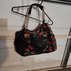 Betsey Johnson Oversized Bow Chain Drop Handle Red Roses Slouched Hobo Bag.
