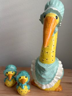 Vintage 1985 Ceramic Mother Goose & Ducklings 3pc Set — Signed "MJT 85"