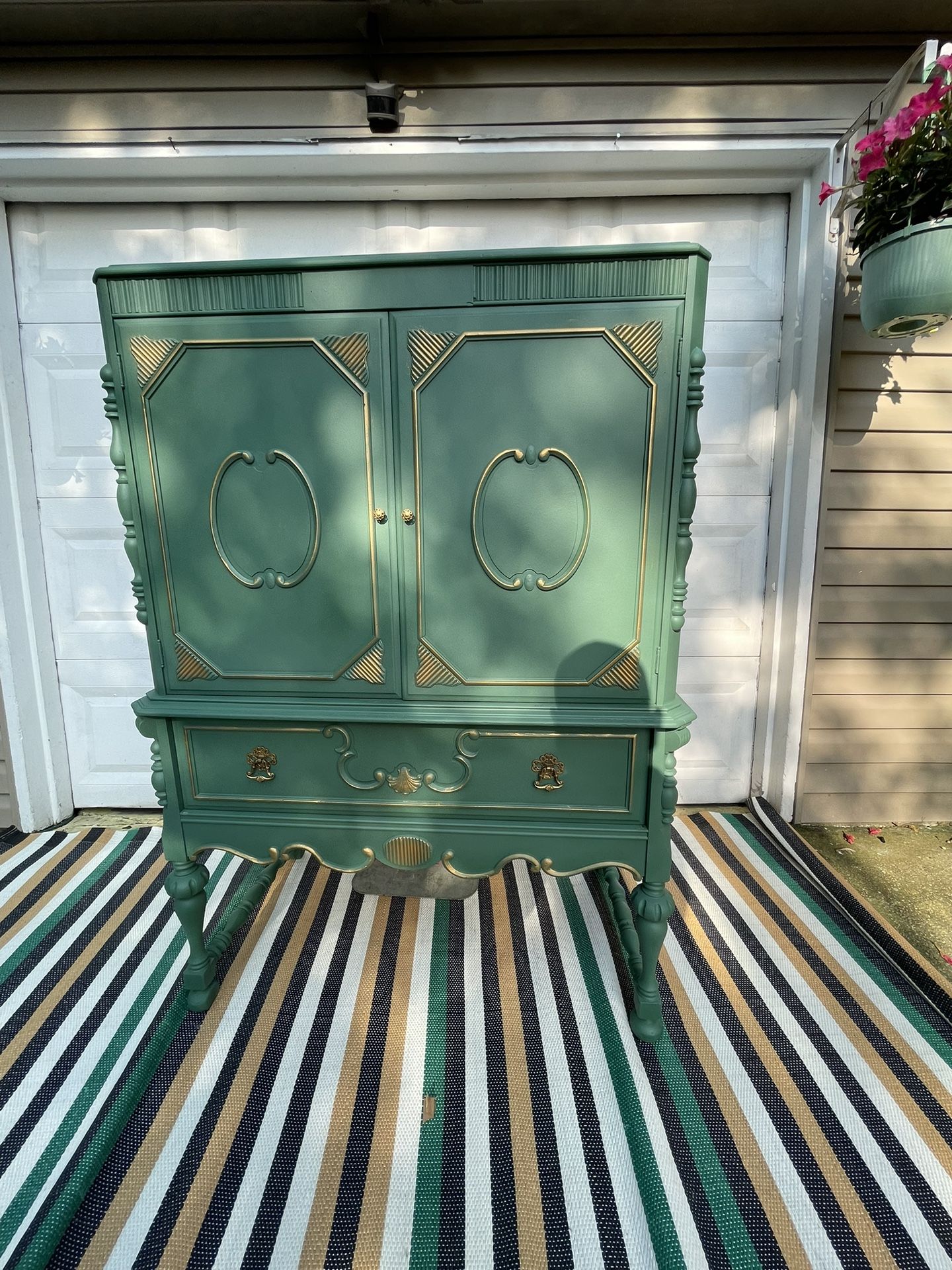 Beautiful reimagined green and gold vintage dresser
