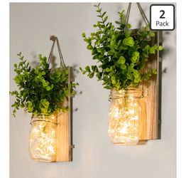 Wall Decor with Mason Jars with Lights and FAKE Plants! Set of 2. Brand new! See all pics!