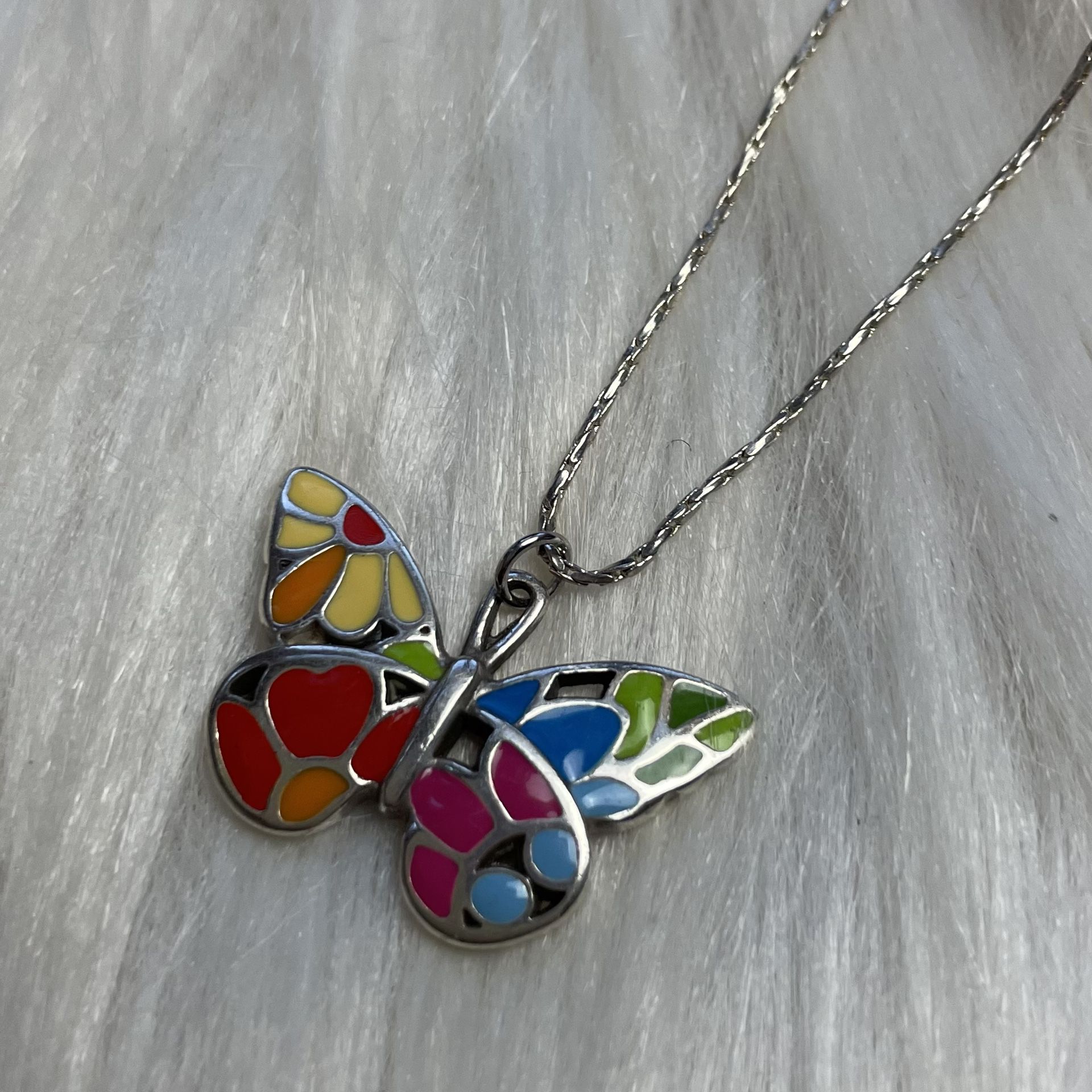 Butterfly enamel silver tone necklace