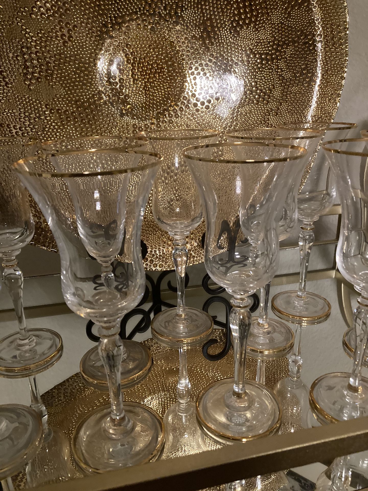 (4)Christian Dior Triomphe Gold Trim Crystal Wine Glasses- 8” Height 3” Wide 2 5/8” At The Base