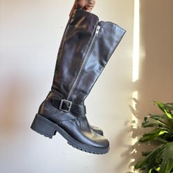b.o.c. Black Tall Knee High Moto Riding Boots Buckle Lug Sole 7.5M