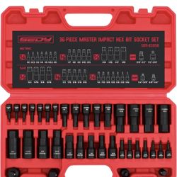 Hex Bit Impact Socket Set: 36-Piece with 4 Adapters, 1/4" 3/8" 1/2" Drive Master Allen Impact Socket Set, SAE and Metric, H5-H19 & 3/4"-5/64", Heavy D