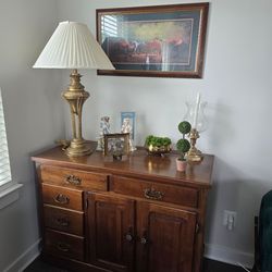 Antique-Inspired Traditional Suite: Sideboard & Ornate Lamp and Framed Painting
