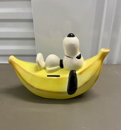 Snoopy On Banana Iconic Ceramic Bank. 1970’s. Made In The USA.