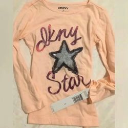 New Little Girls Size 5 DKNY Long Sleeve Pink Embellished Star Tee Shirt