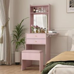 ARTETHYS Small Vanity Desk Set with 3 Adjustable Lighted Mirrors and Lights, Pink 