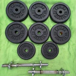 STANDARD ADJUSTABLE DUMBBELLS (75 LBS.)  :  (SIX) 10s  &  (PAIR OF)  5s.  + PLUS TWO DUMBBELL HANDLE BARS.