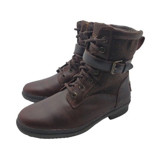 UGG 'Kesey' Waterproof Boots Womens 7.5 M Brown Leather Wool Strap Comfort Shoes