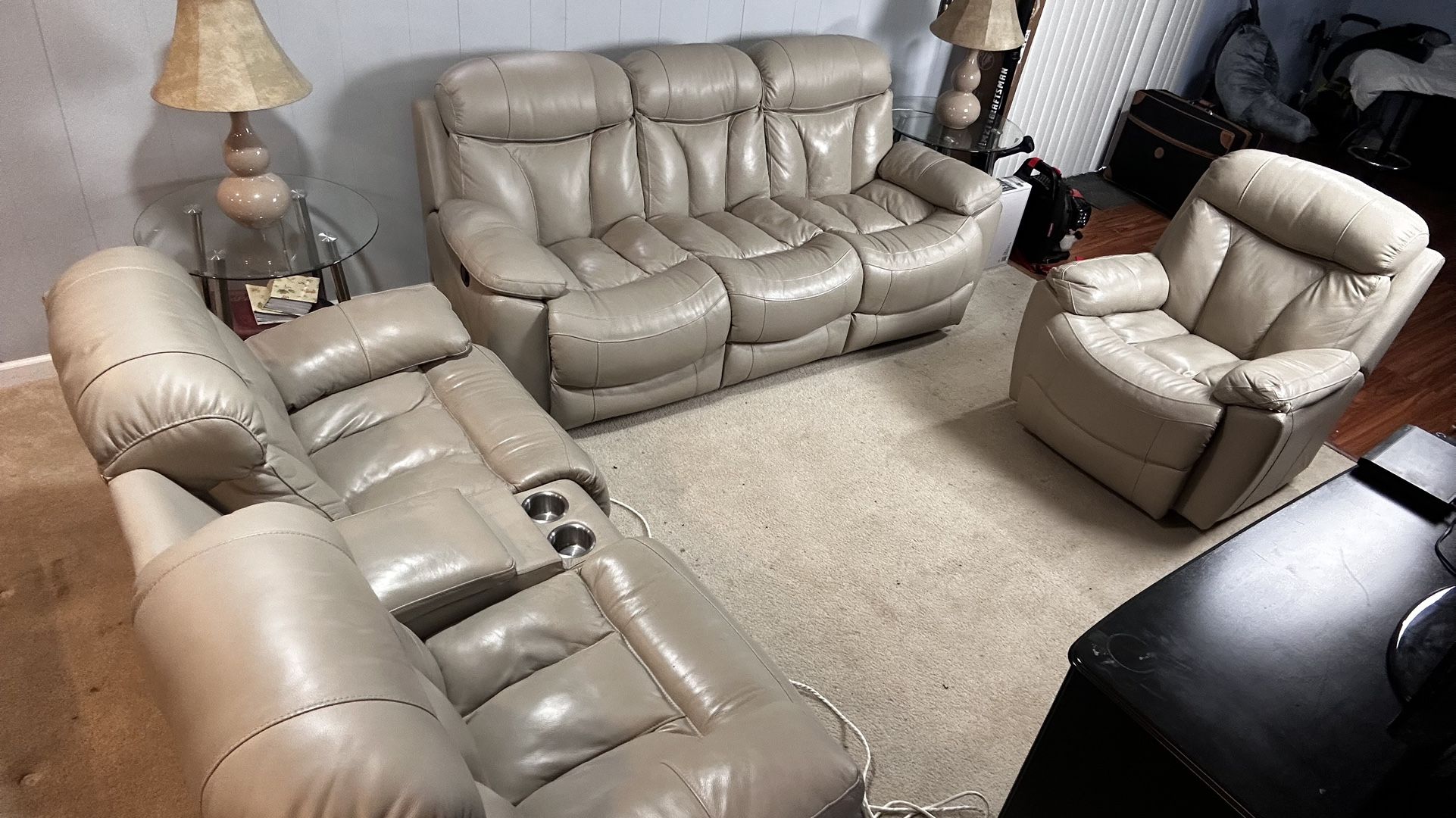 Beige Three Piece Recliner Leather Couch Set 