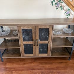 55" Industrial Wine Bar Cabinet - Rustic Oak & Metal - Assembled