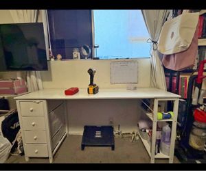 White 63” Desk with 4 Drawers & Storage Shelves