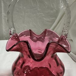 Fenton Art Glass Cranberry Coin Dot Spot Basket Crystal Handle