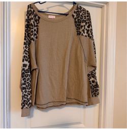 Pink Lily Waffle Knit Leopard Sleeve Top