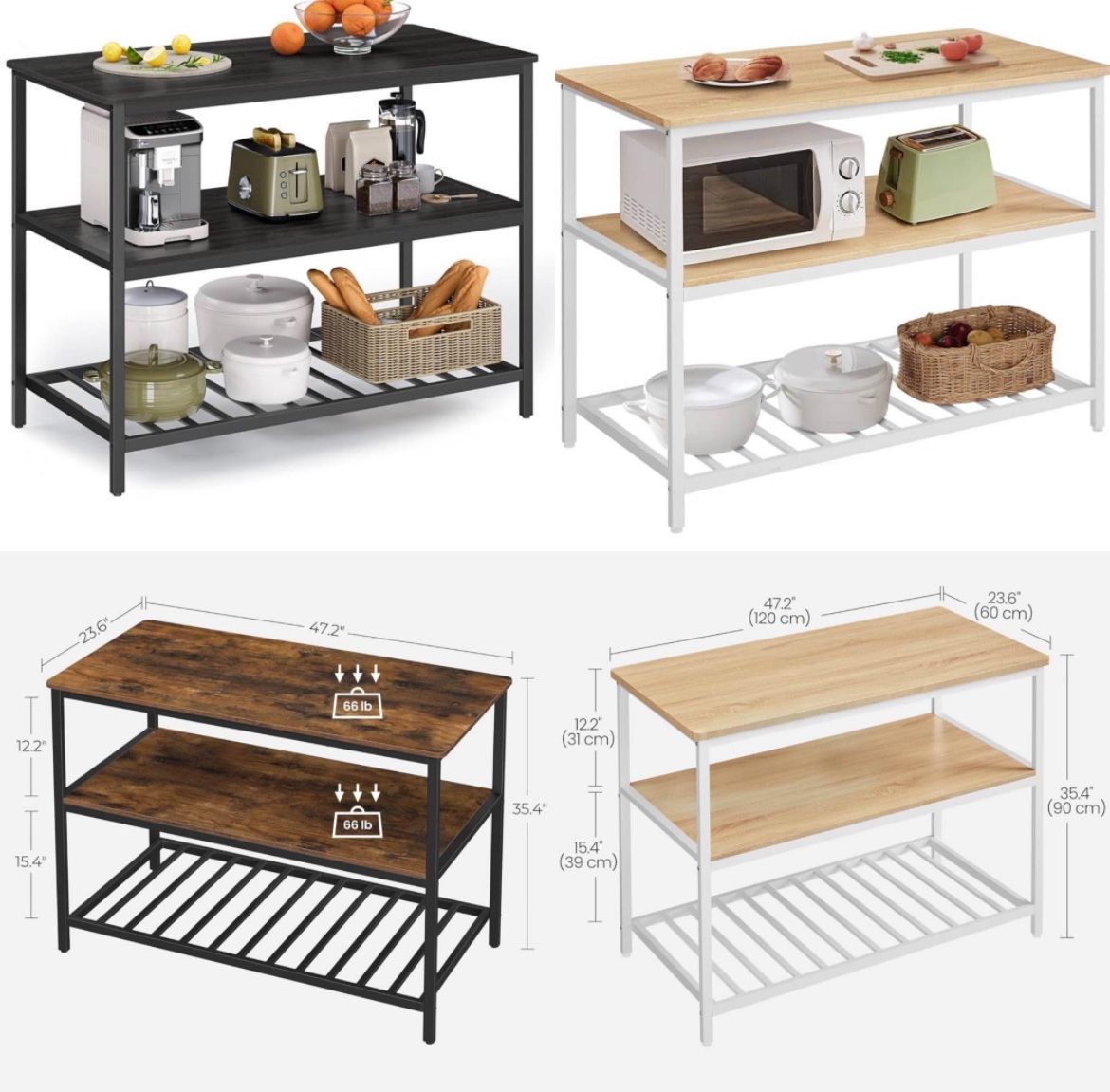 Kitchen Island with 3 Shelves, 47.2 Inches Width Kitchen Shelf with Large Worktop, Stable Steel Structure, Industrial, Easy to Assemble, E