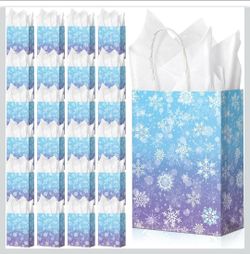 Winter Snowflake Gift Bags, 24 pcs Frozen Party Blue and Purple Snowflake Goodie Bags Bulk with 24 Tissue Paper, Holiday Kraft Paper Party Favor Bags 