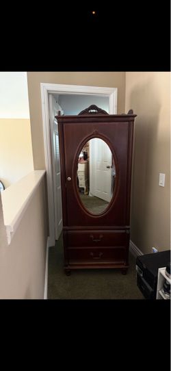 Vintage Wooden Armoire Wardrobe with Mirror & Drawers