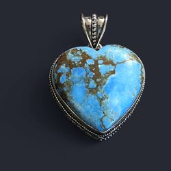 Natural Turquoise Gemstone Heart 1.8” Silver Pendant#26