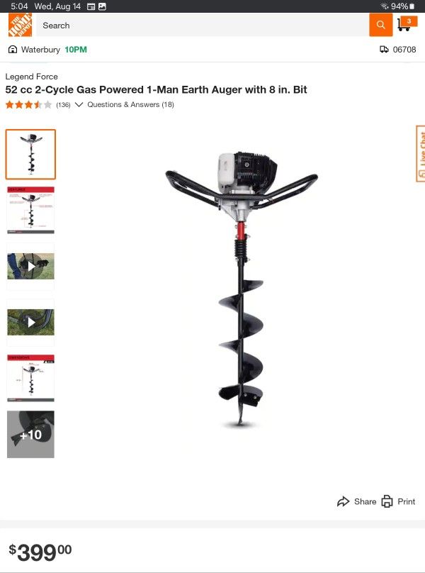 52 cc 2-Cycle Gas Powered 1-Man Earth Auger with 8 in. Bit

