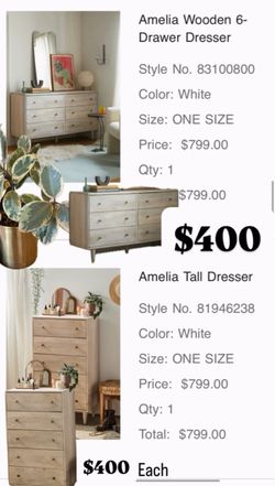 (2) Amelia Wooden 6-Drawer Dresser – White & (2) Amelia Wooden 5 - Drawer Dresser - Tan