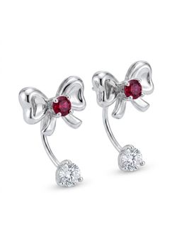 925 Silver Bow Earrings with Red and white zirconia Accents