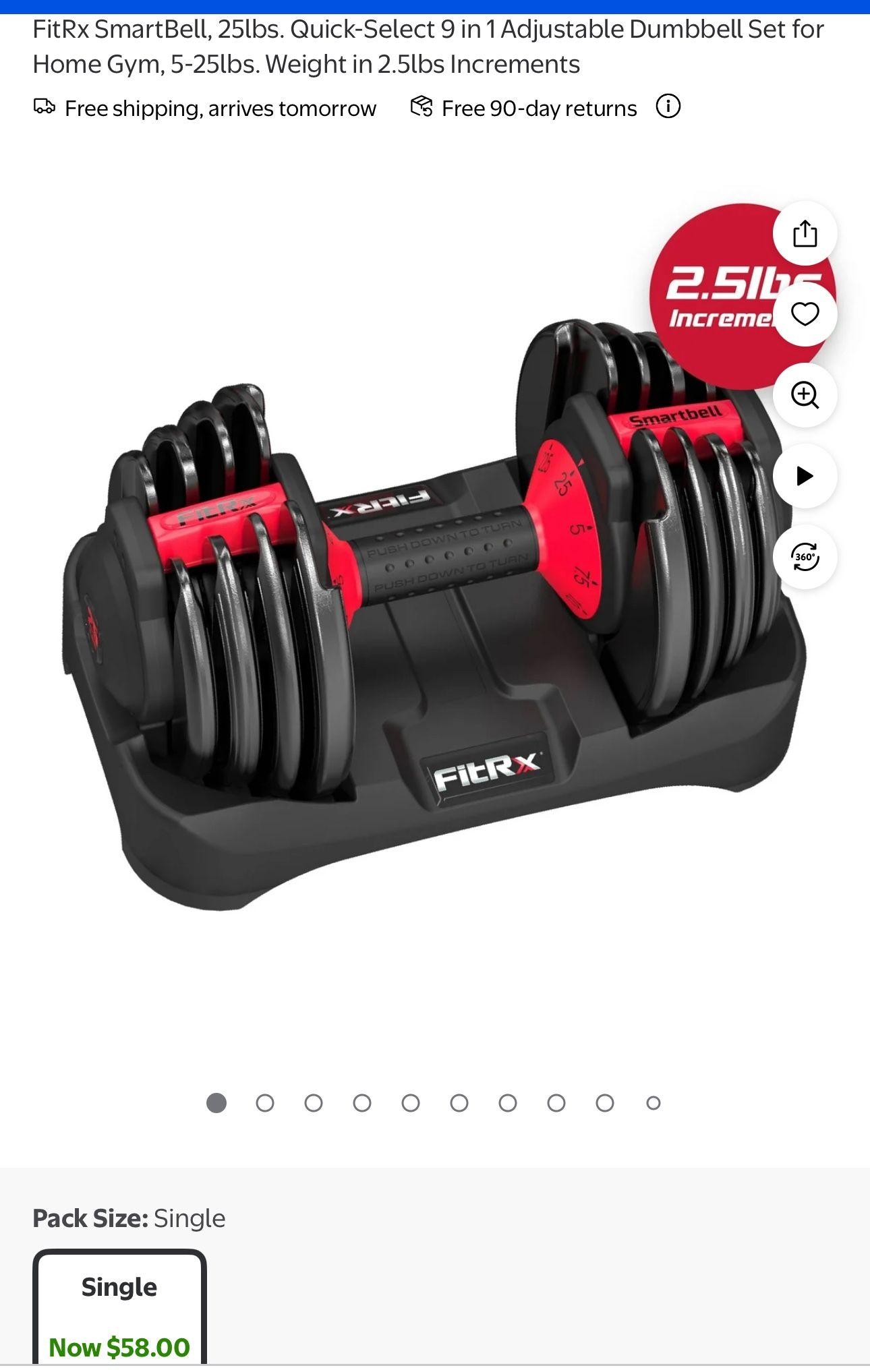 FitRx SmartBell, 25lbs. Quick-Select 9 in 1 Adjustable Dumbbell Set for Home Gym, 5-25lbs. Weight in 2.5lbs Increments